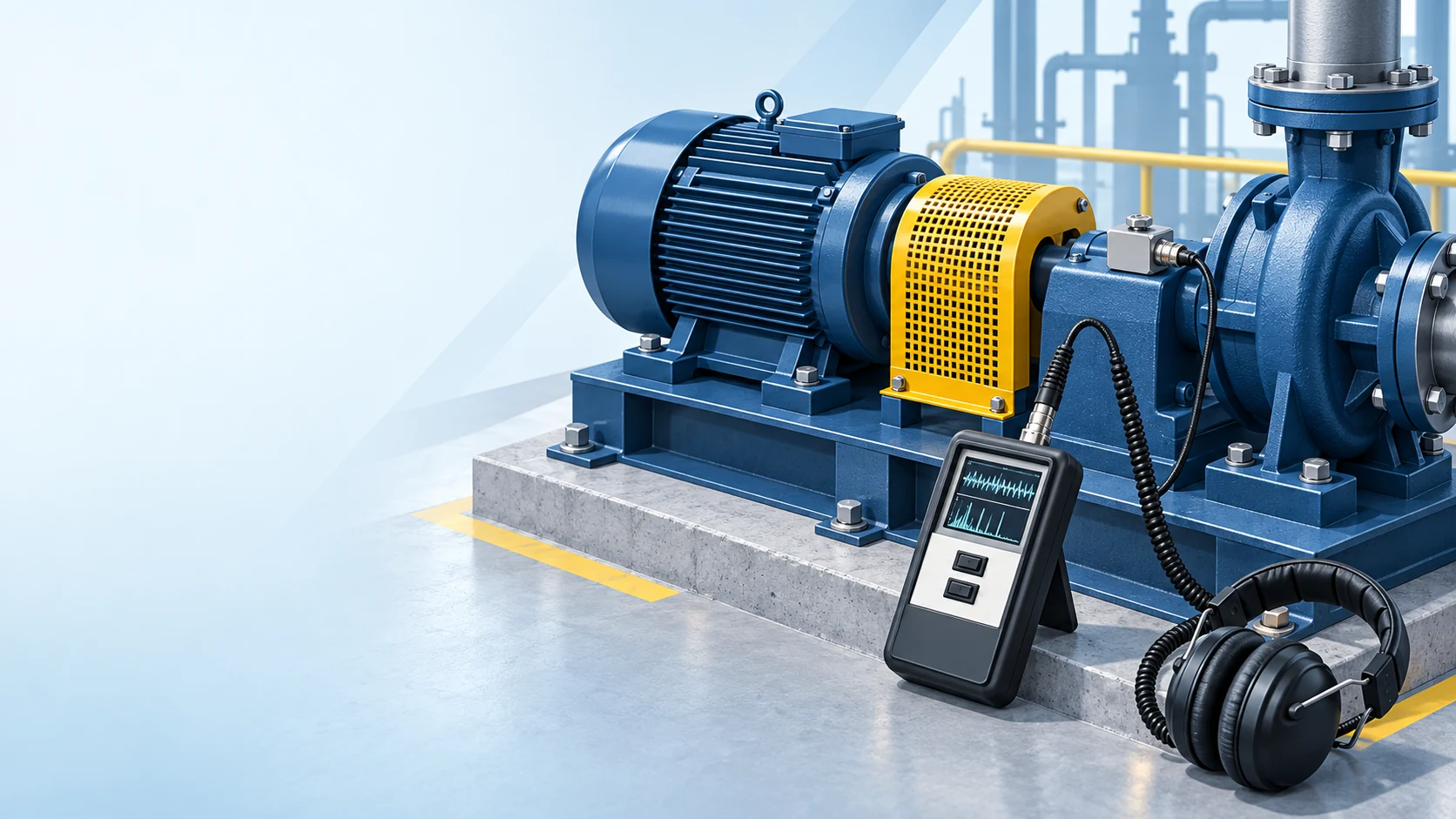 AI illustration of a PCB accelerometer and vibration meter used on an industrial pump and motor