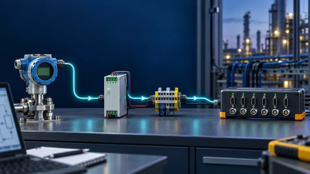 Ilustrasi pengukuran loop arus 4–20 mA dengan transmitter catu daya dan data acquisition
