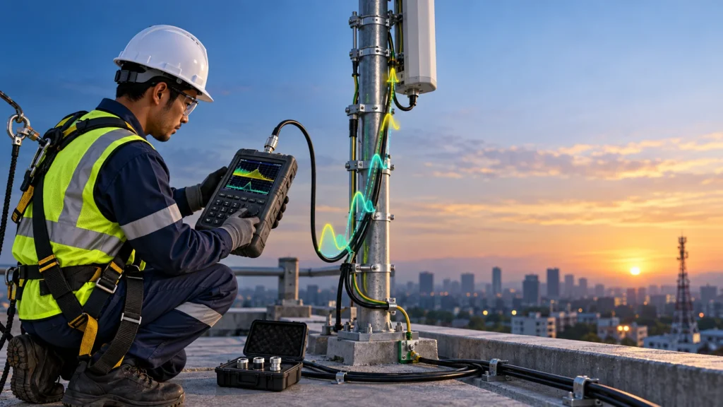 Teknisi menggunakan handheld cable and antenna analyzer untuk mengukur return loss antena dan kabel koaksial