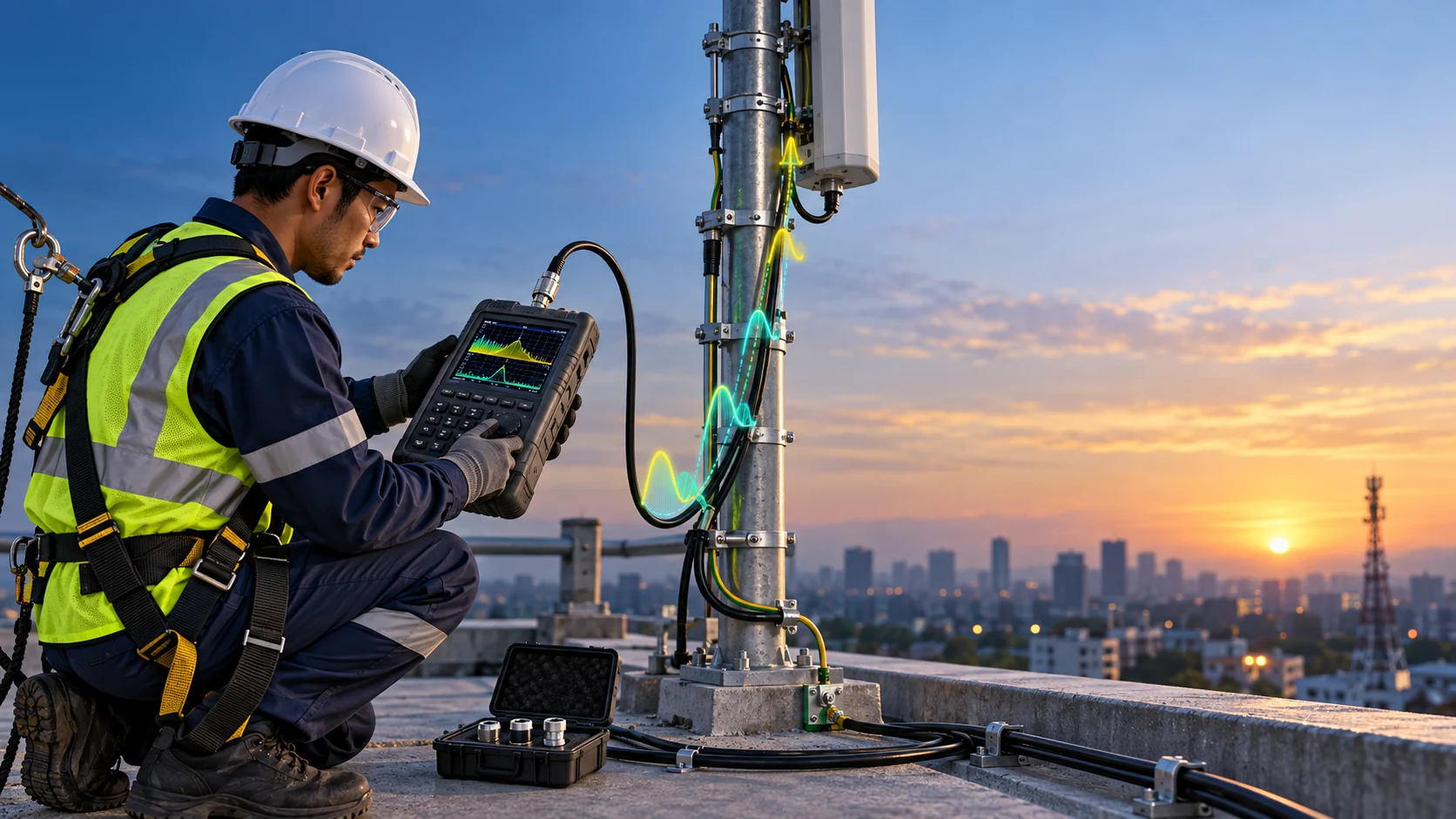 Teknisi menggunakan handheld cable and antenna analyzer untuk mengukur return loss antena dan kabel koaksial