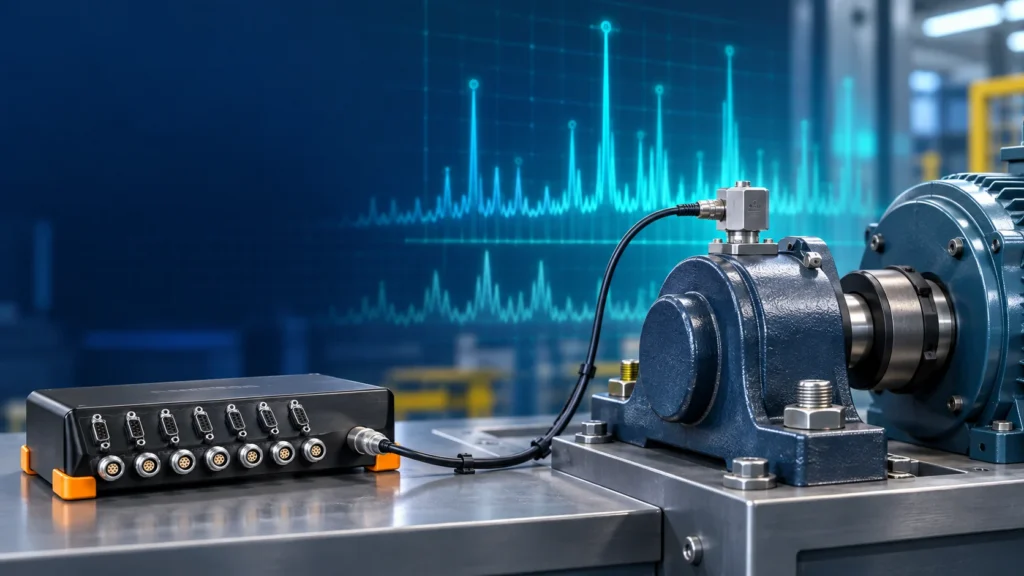 Ilustrasi accelerometer pada bearing housing dan analisis FFT untuk deteksi kerusakan bearing