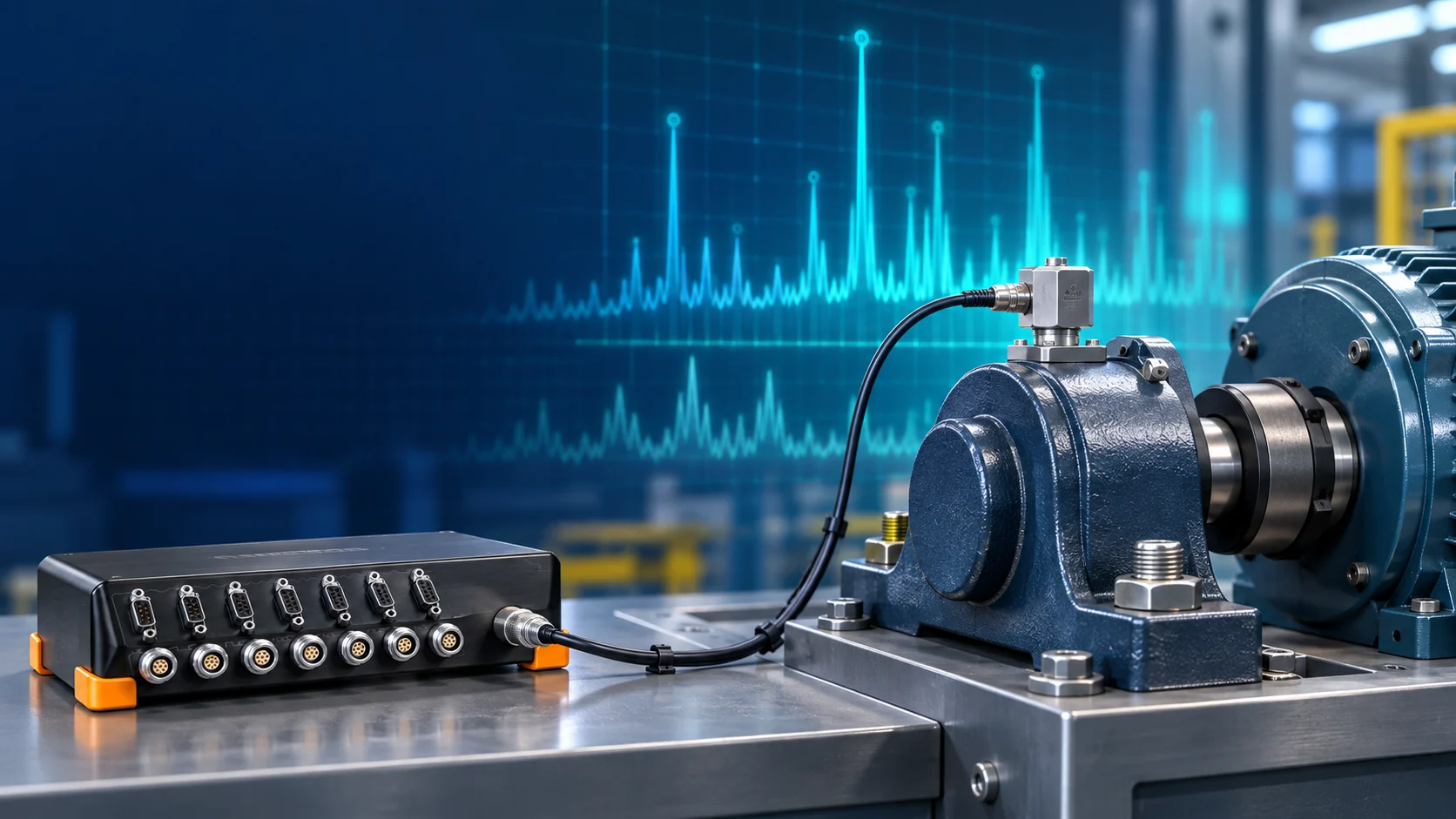 Ilustrasi accelerometer pada bearing housing dan analisis FFT untuk deteksi kerusakan bearing