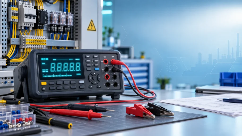 Ilustrasi multimeter digital presisi untuk pengukuran industri dan panel kontrol