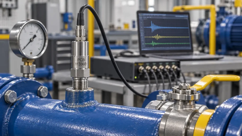 Ilustrasi AI: sensor tekanan PCB Piezotronics seri 113B pada rig uji pompa hidrolik dengan akuisisi data multi-kanal