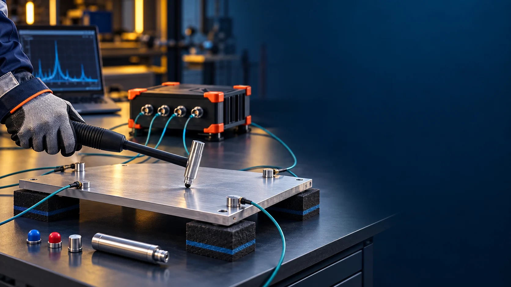 Impact hammer berinstrumentasi menghantam panel uji dengan accelerometer dan DAQ untuk modal testing