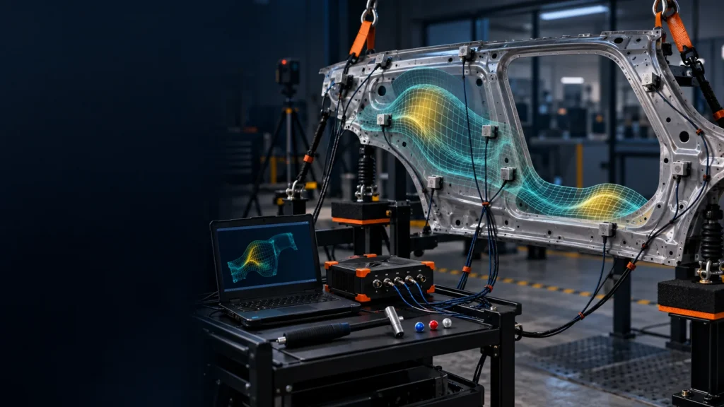 Modal analysis panel otomotif dengan accelerometer, impact hammer, DAQ, dan mode shape
