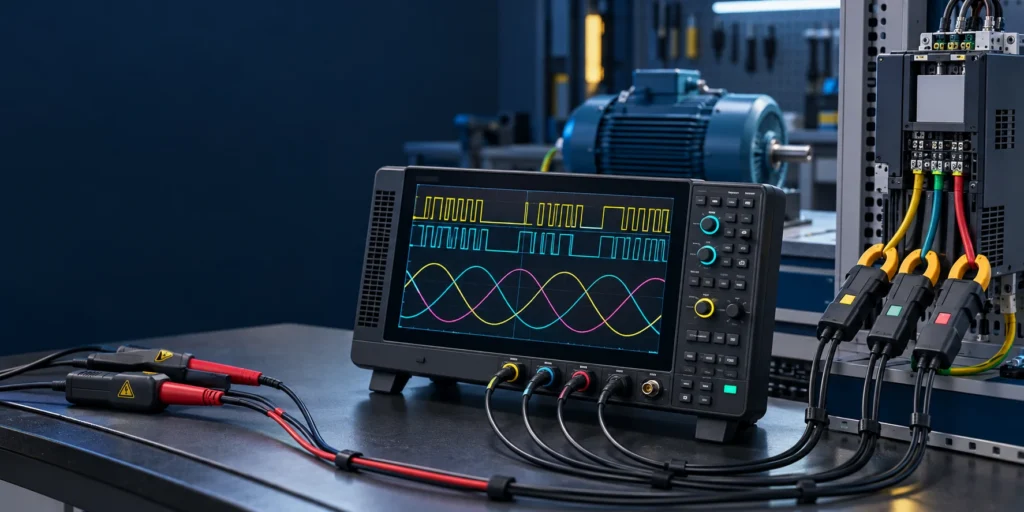 Ilustrasi pengujian motor tiga fasa dan variable frequency drive dengan osiloskop