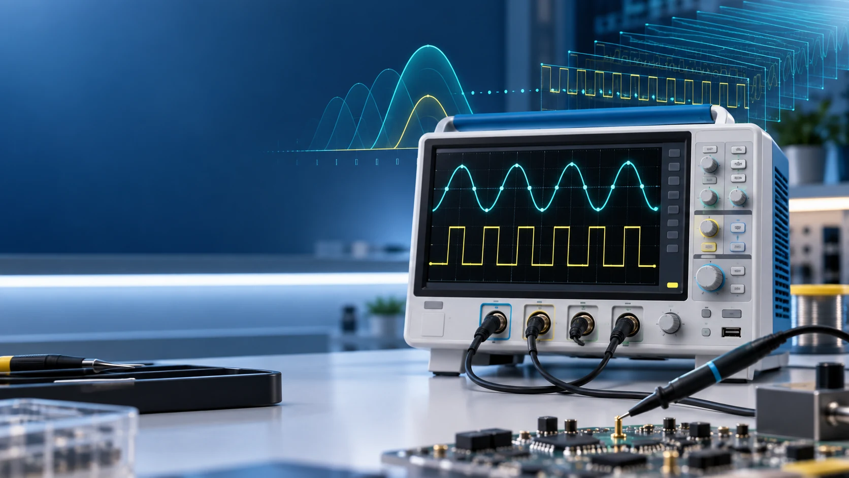 Ilustrasi osiloskop dengan waveform untuk memahami bandwidth sample rate dan memory depth