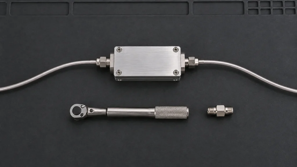 Ilustrasi AI: filter bandpass aluminium dengan dua kabel uji koaksial terpasang, tampak atas, bersama kunci torsi dan adaptor
