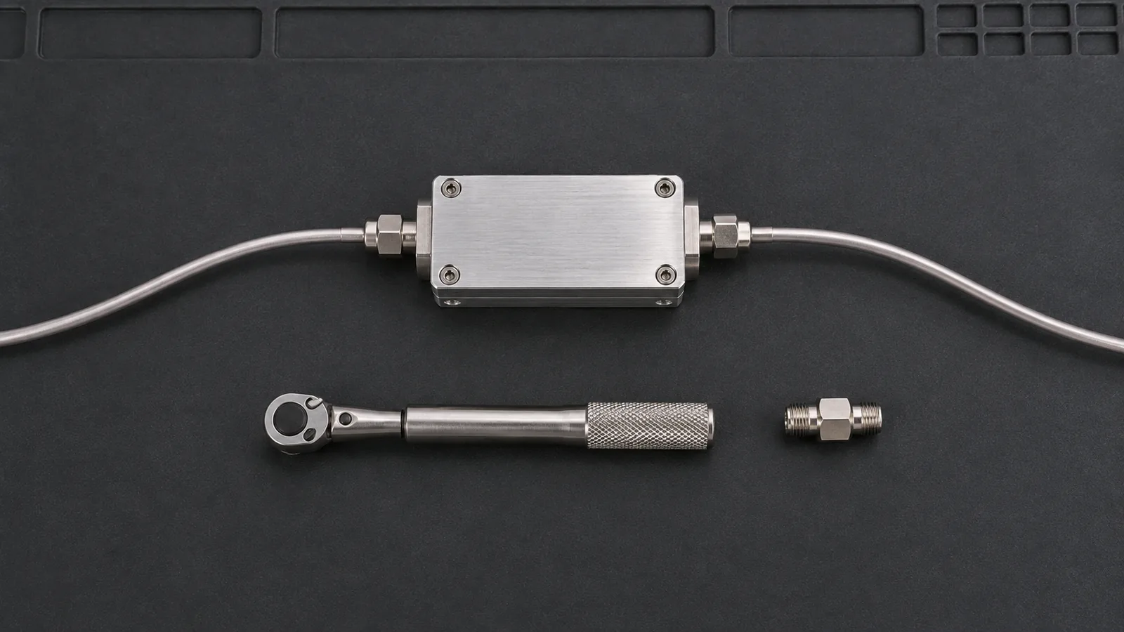 Ilustrasi AI: filter bandpass aluminium dengan dua kabel uji koaksial terpasang, tampak atas, bersama kunci torsi dan adaptor