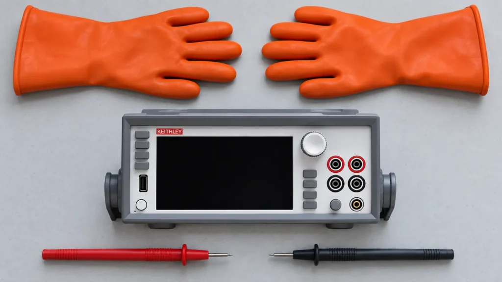 Ilustrasi AI: multimeter dengan layar mati, dua probe, dan sarung tangan isolasi tersusun di atas meja kerja