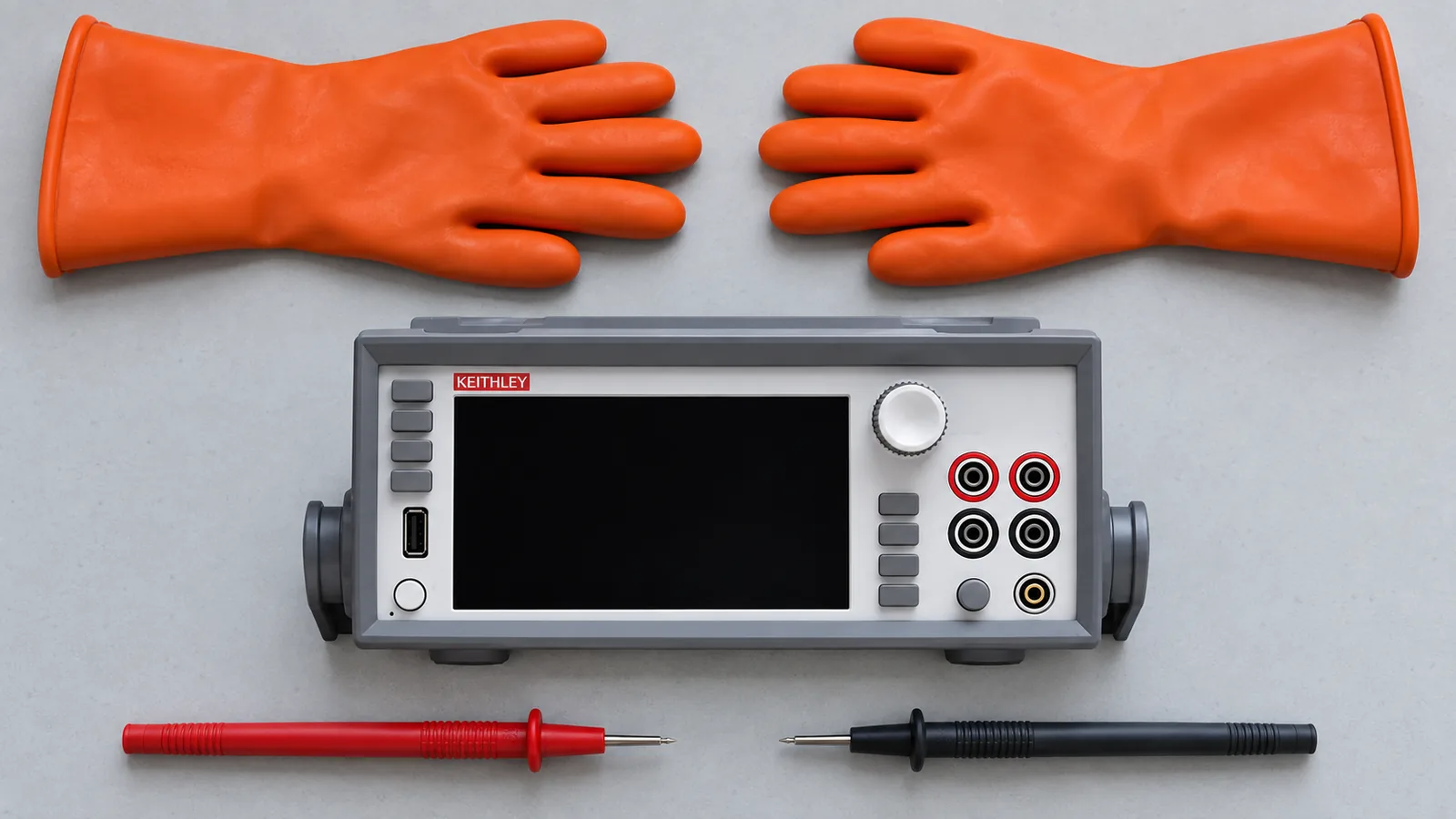 Ilustrasi AI: multimeter dengan layar mati, dua probe, dan sarung tangan isolasi tersusun di atas meja kerja