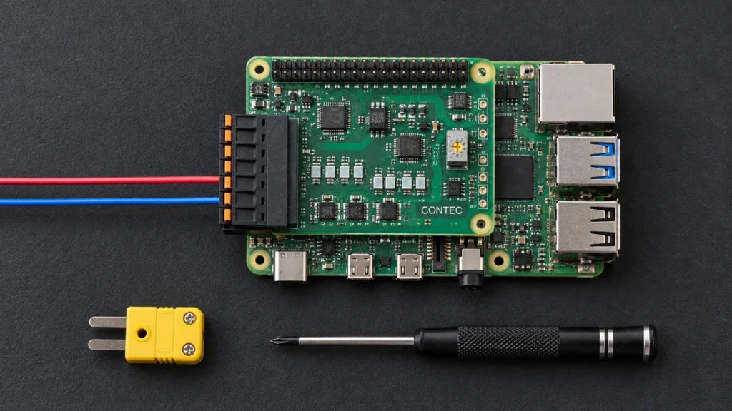 Ilustrasi AI: Raspberry Pi dengan kartu ekspansi CONTEC dan dua kabel sinyal lapangan menuju blok terminal, tampak atas bersama konektor termokopel