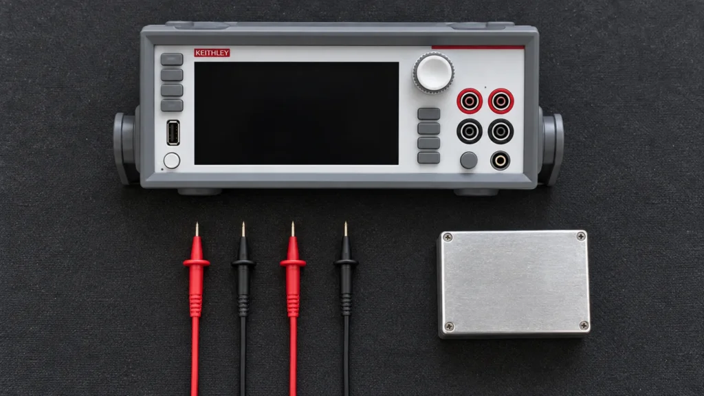 Ilustrasi AI: multimeter presisi dengan layar mati, empat kabel uji empat kawat, dan kotak berpelindung di atas alas kerja