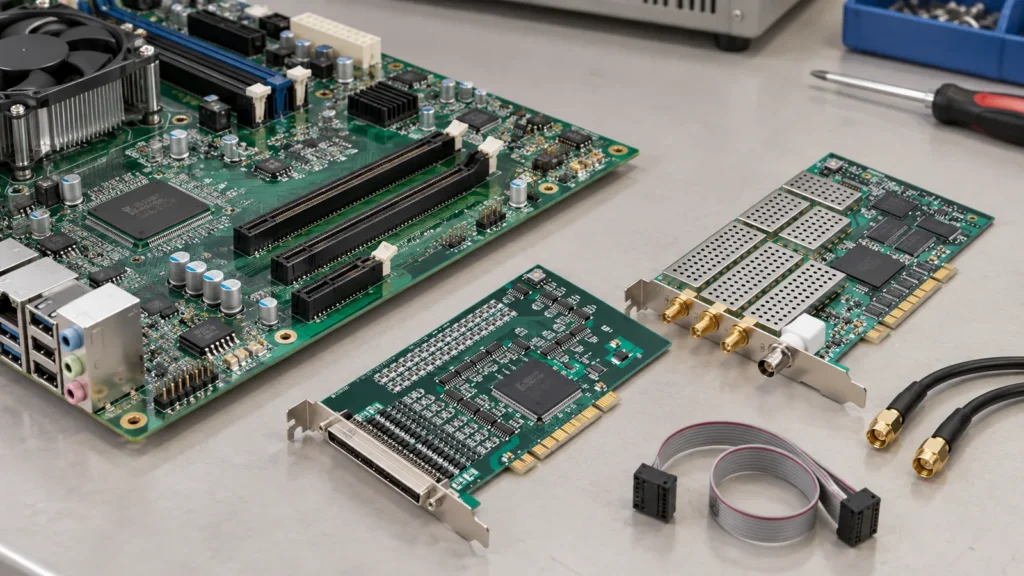Ilustrasi AI: slot PCIe berbeda panjang pada motherboard industri dengan dua kartu akuisisi di sisinya