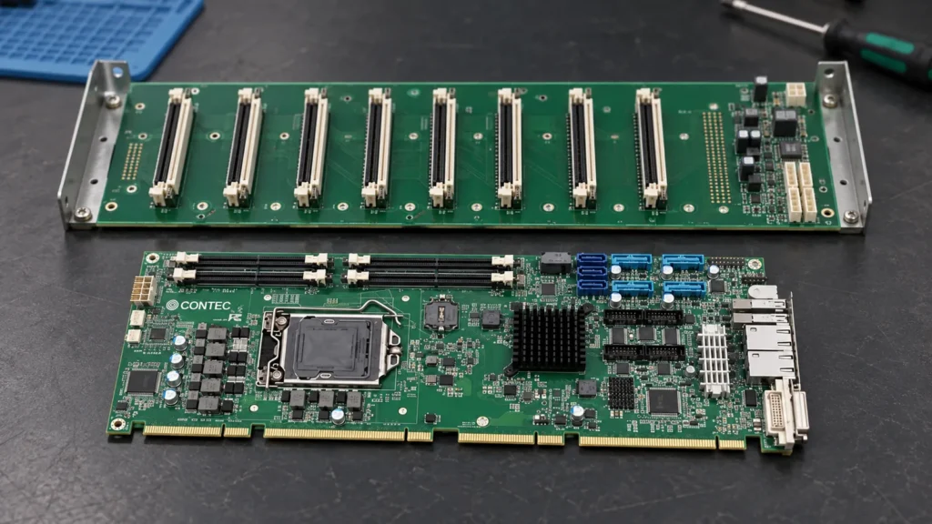 Ilustrasi AI: backplane pasif industri dengan slot kosong dan kartu single board computer yang diletakkan di sampingnya