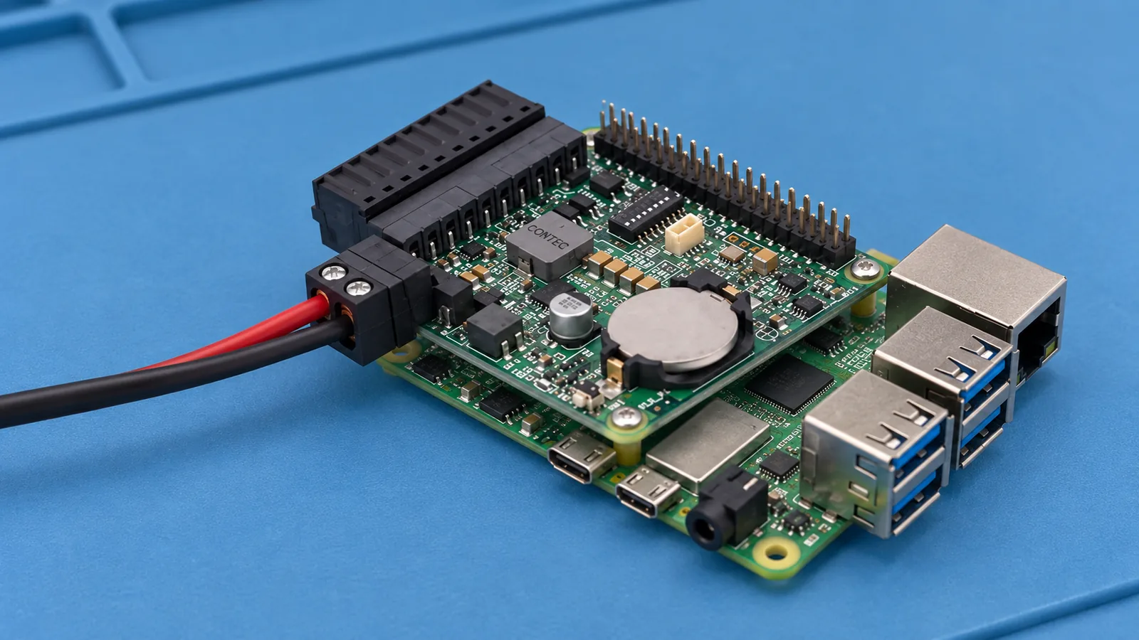 Ilustrasi AI: kabel catu daya dua inti terpasang pada blok terminal sekrup kartu RAS di atas papan Raspberry Pi
