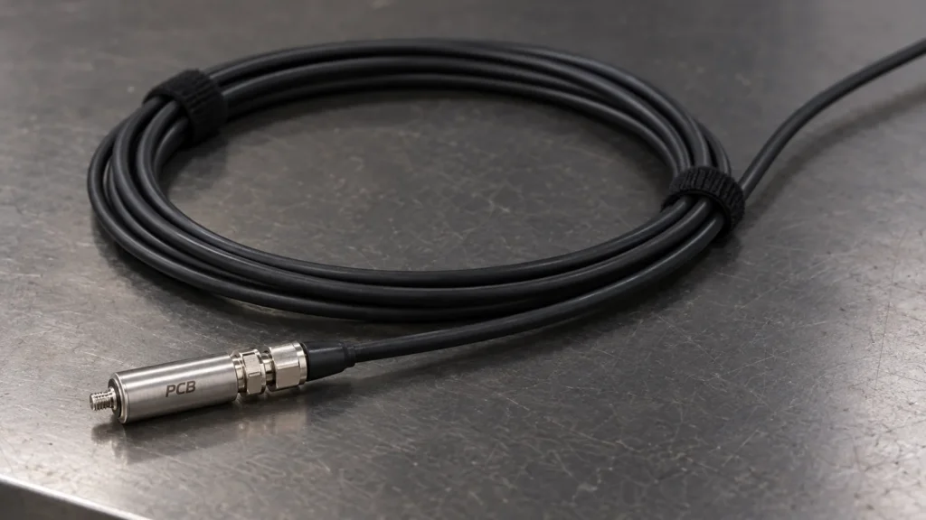 Ilustrasi AI: kabel sensor koaksial dalam gulungan dengan akselerometer pada meja laboratorium
