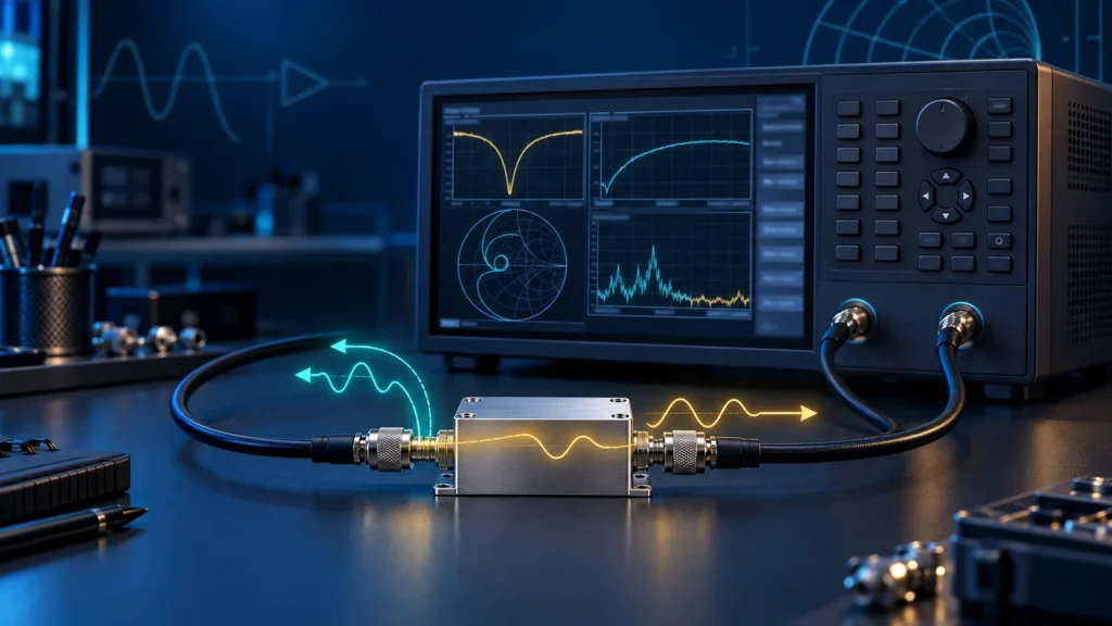 Setup VNA dua port dengan DUT dan ilustrasi konsep S11 refleksi serta S21 transmisi