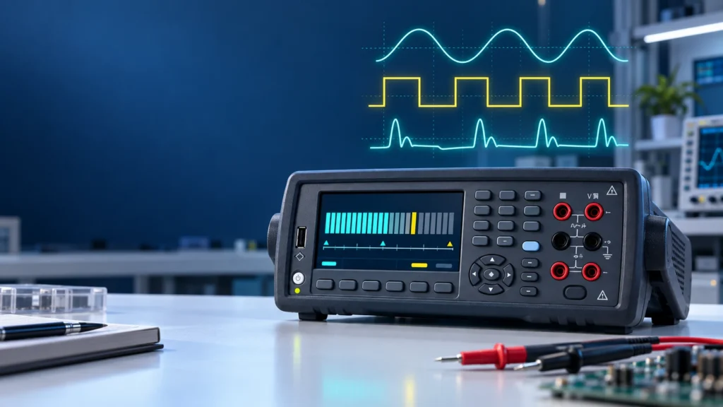 Ilustrasi multimeter digital dengan waveform sine square dan sinyal terdistorsi untuk pengukuran True RMS