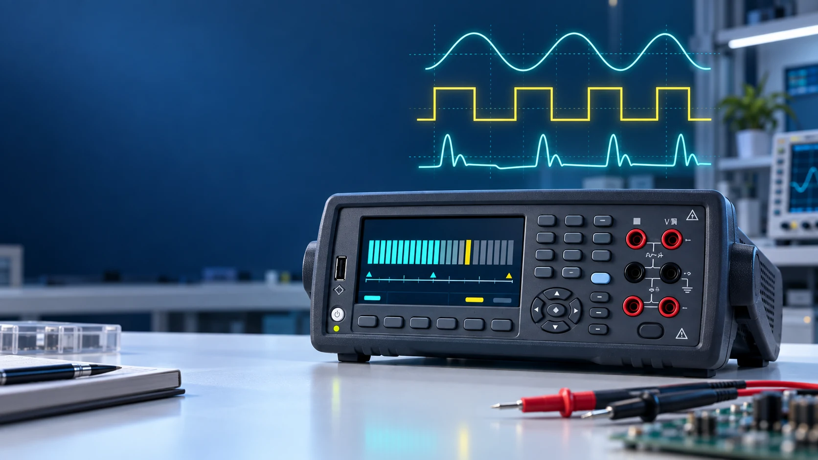 Ilustrasi multimeter digital dengan waveform sine square dan sinyal terdistorsi untuk pengukuran True RMS