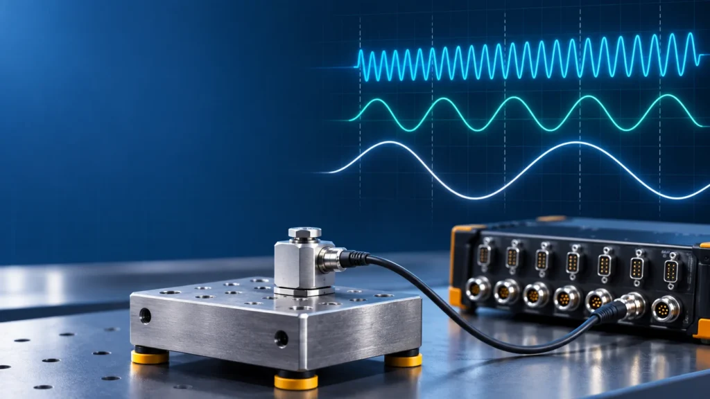 Ilustrasi accelerometer dan DAQ untuk membaca acceleration, velocity, dan displacement pada vibrasi