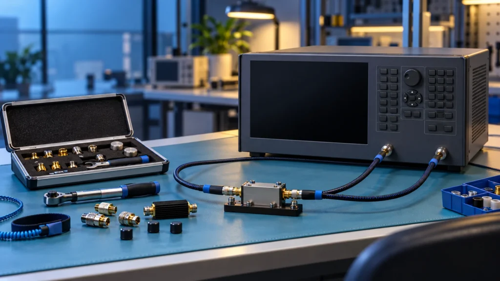 Vector network analyzer terhubung ke DUT dua port dengan kabel koaksial kit kalibrasi dan aksesori RF